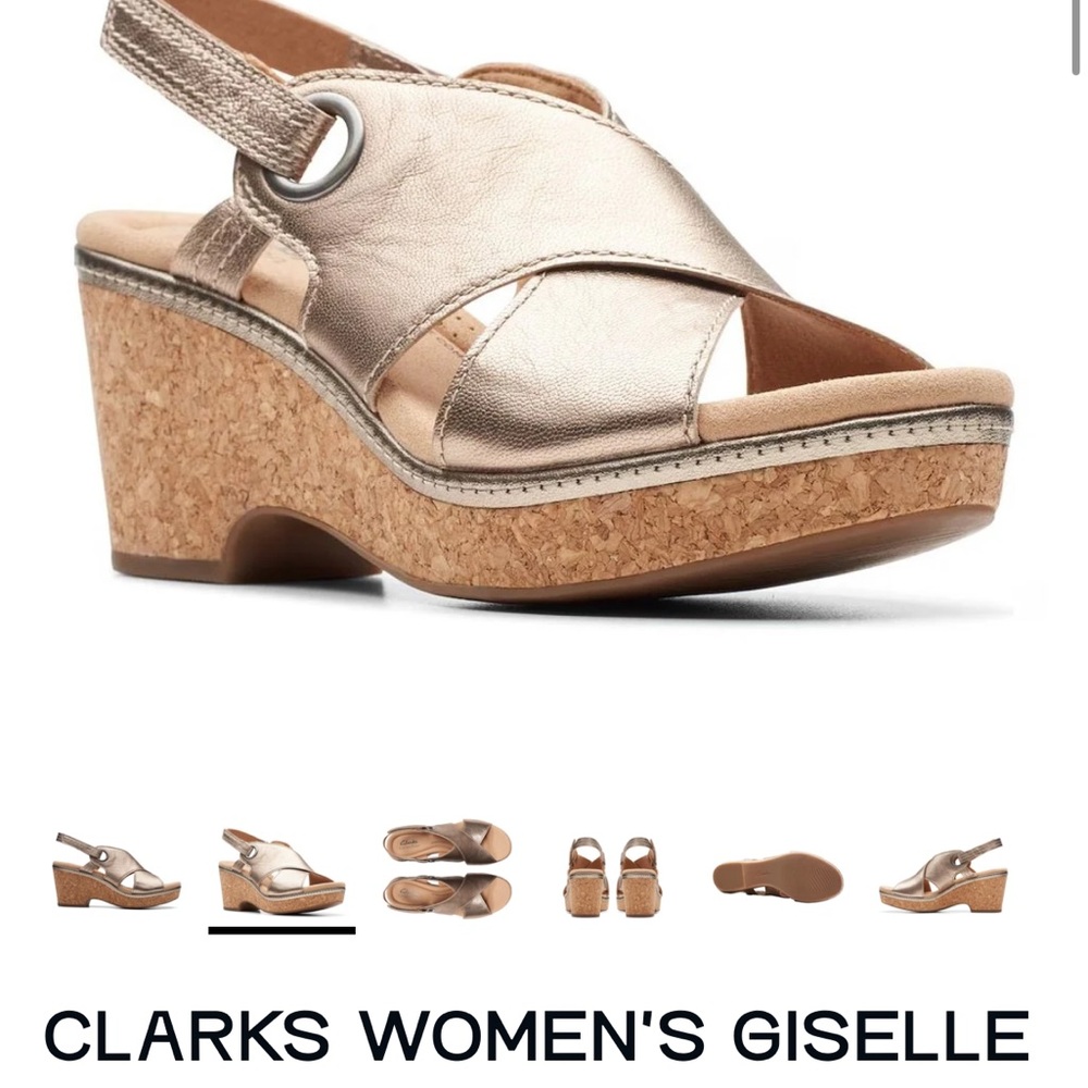 Clarks Metallic Gold Wedge Sandals with Criss-Cross Straps